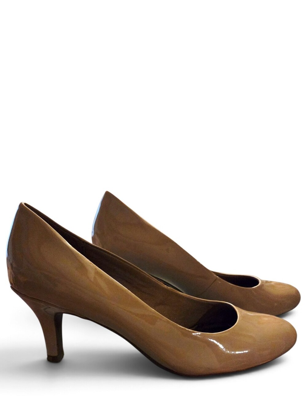 Life Stride Taupe Patent Mid-Heel Pumps